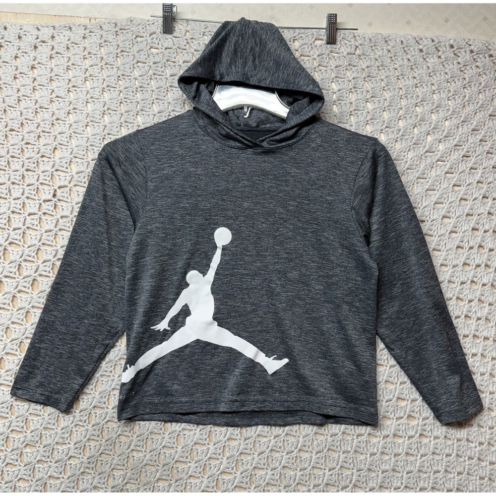 Nike Air Dri-Fit Jordan Jumpman Hooded Shirt Youth Boys Sz M Heather Gray White